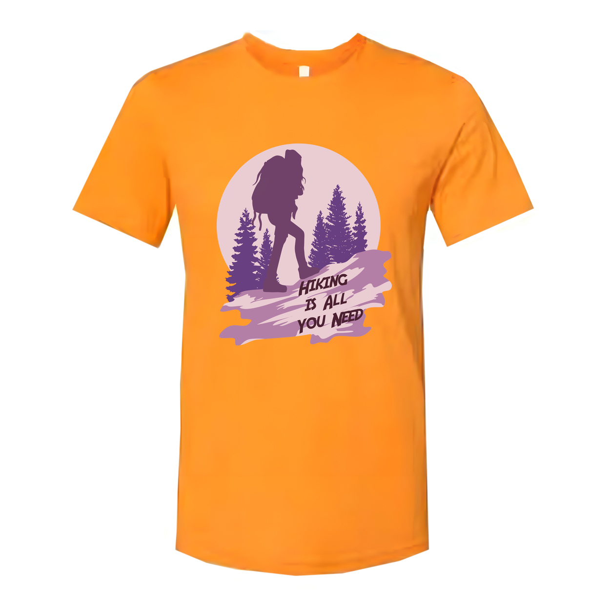 Unisex Hiking Graphic T Shirt With Silhouette Backpacker And Forest Design In Sunset Purple