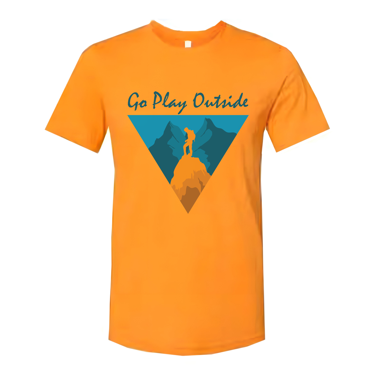 Go Play Outside Graphic T Shirt With Mountain Summit Silhouette Inside a Geometric Triangle Banner