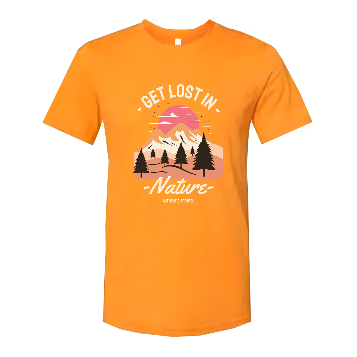 Get Lost In Nature Graphic T Shirt Featuring Sunset Mountain Range And Pine Trees