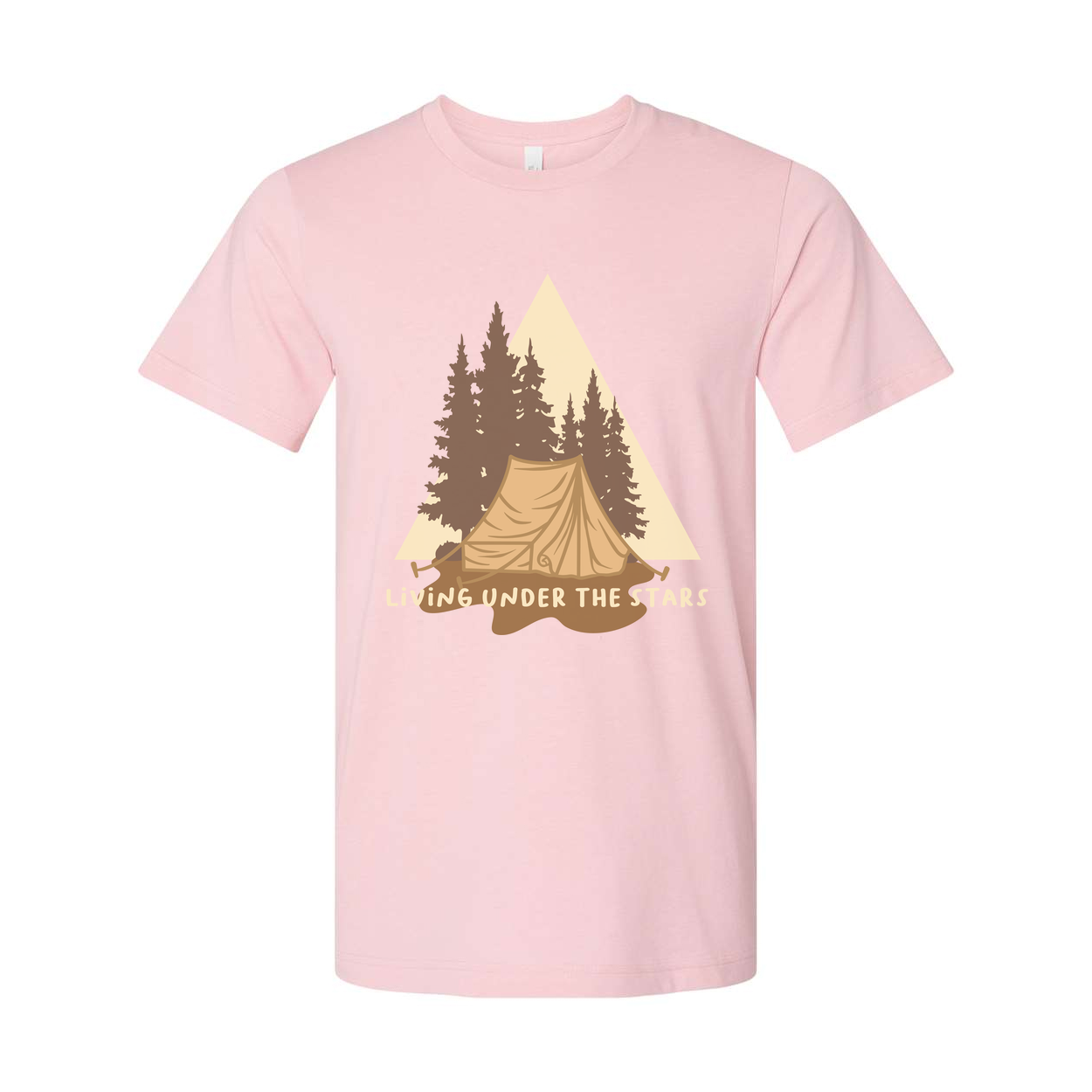 Living Under The Stars Camping Scene T-Shirt With Tent And Pine Trees For Outdoor Enthusiasts