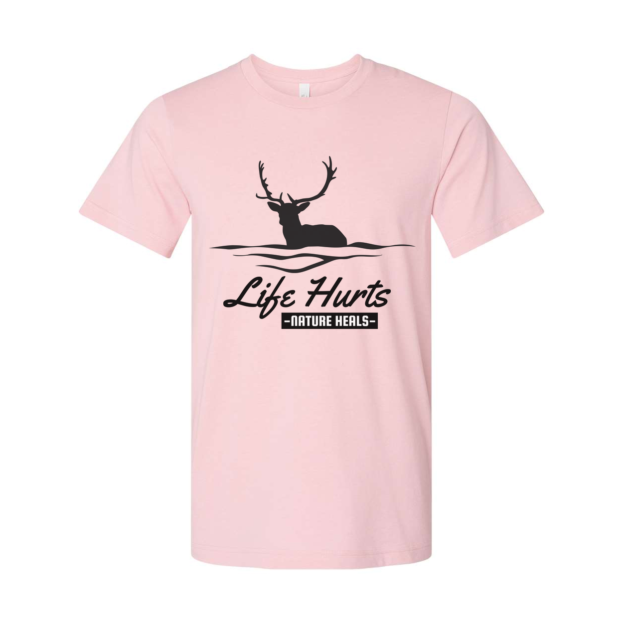 Unisex Outdoor Deer Silhouette T Shirt With Water Waves And Life Hurts Nature Heals Graphic