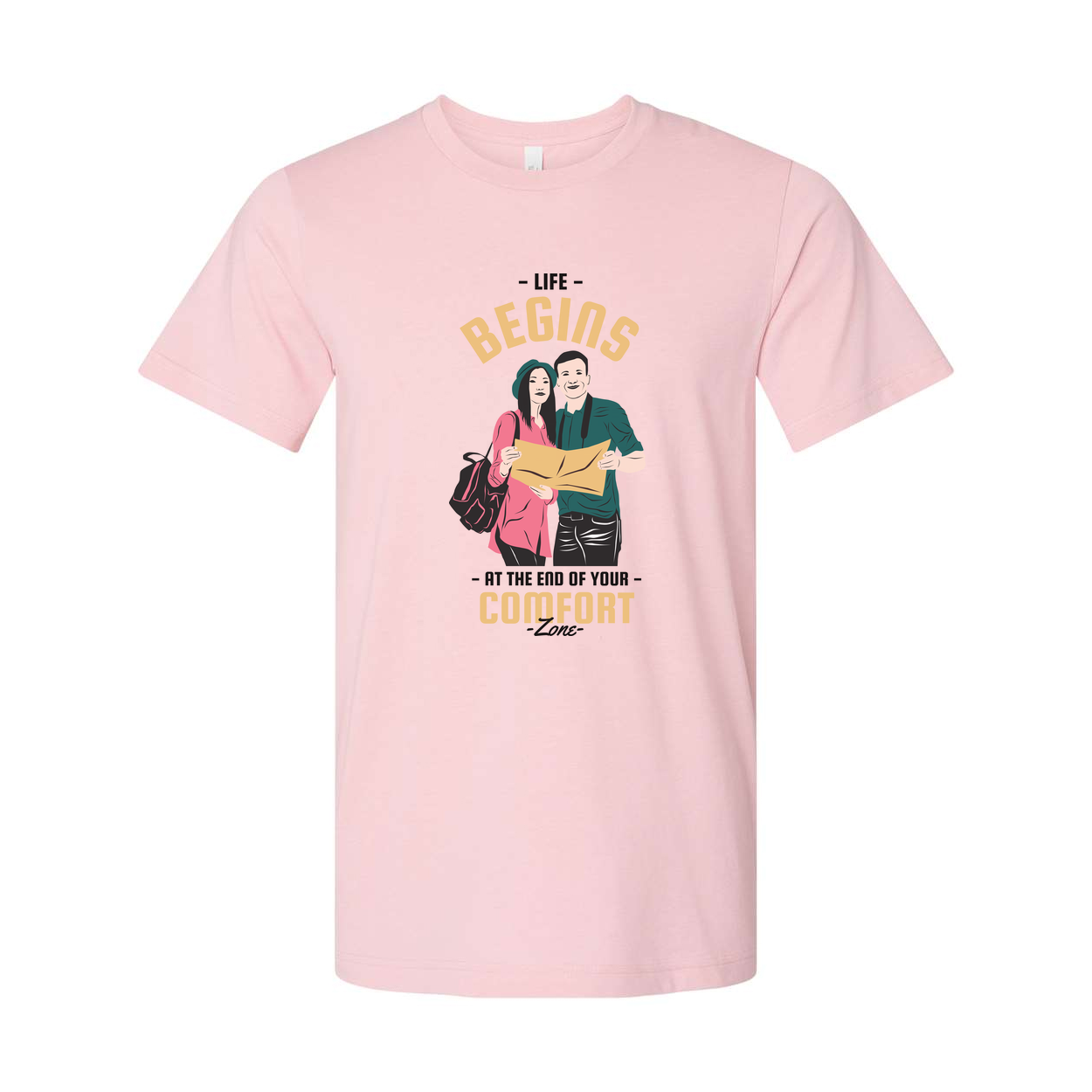 Outdoors Unisex Graphic Tee With Couple And Map Design And The Quote Life Begins At The End Of Your Comfort Zone