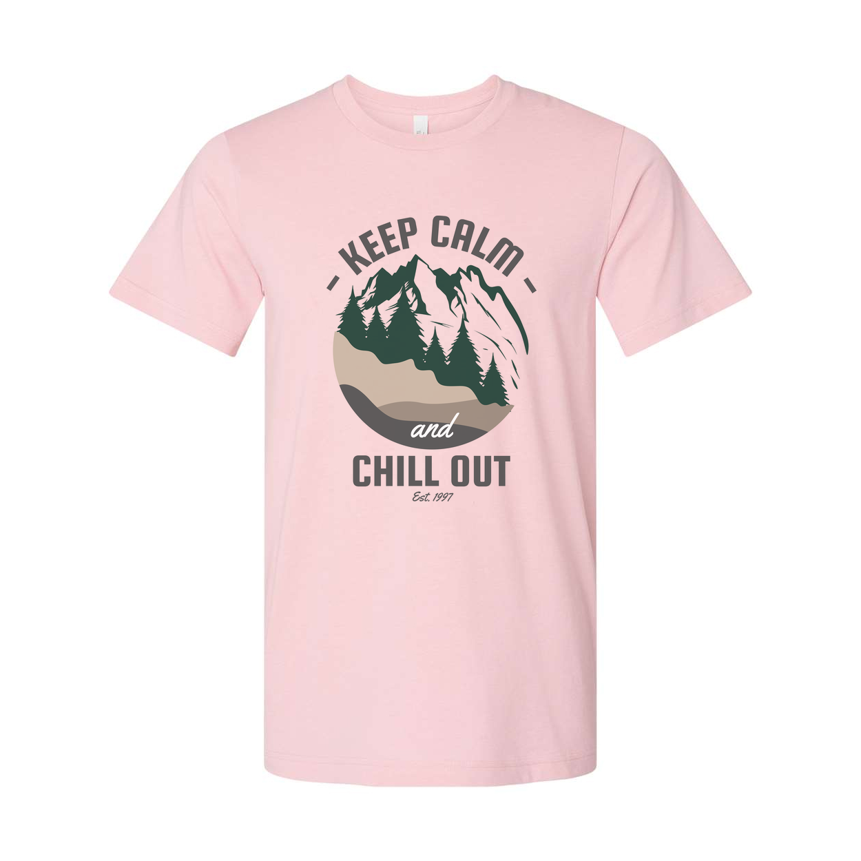 Keep Calm And Chill Out Graphic Tee With Mountain Landscape And Forest Scene Pattern