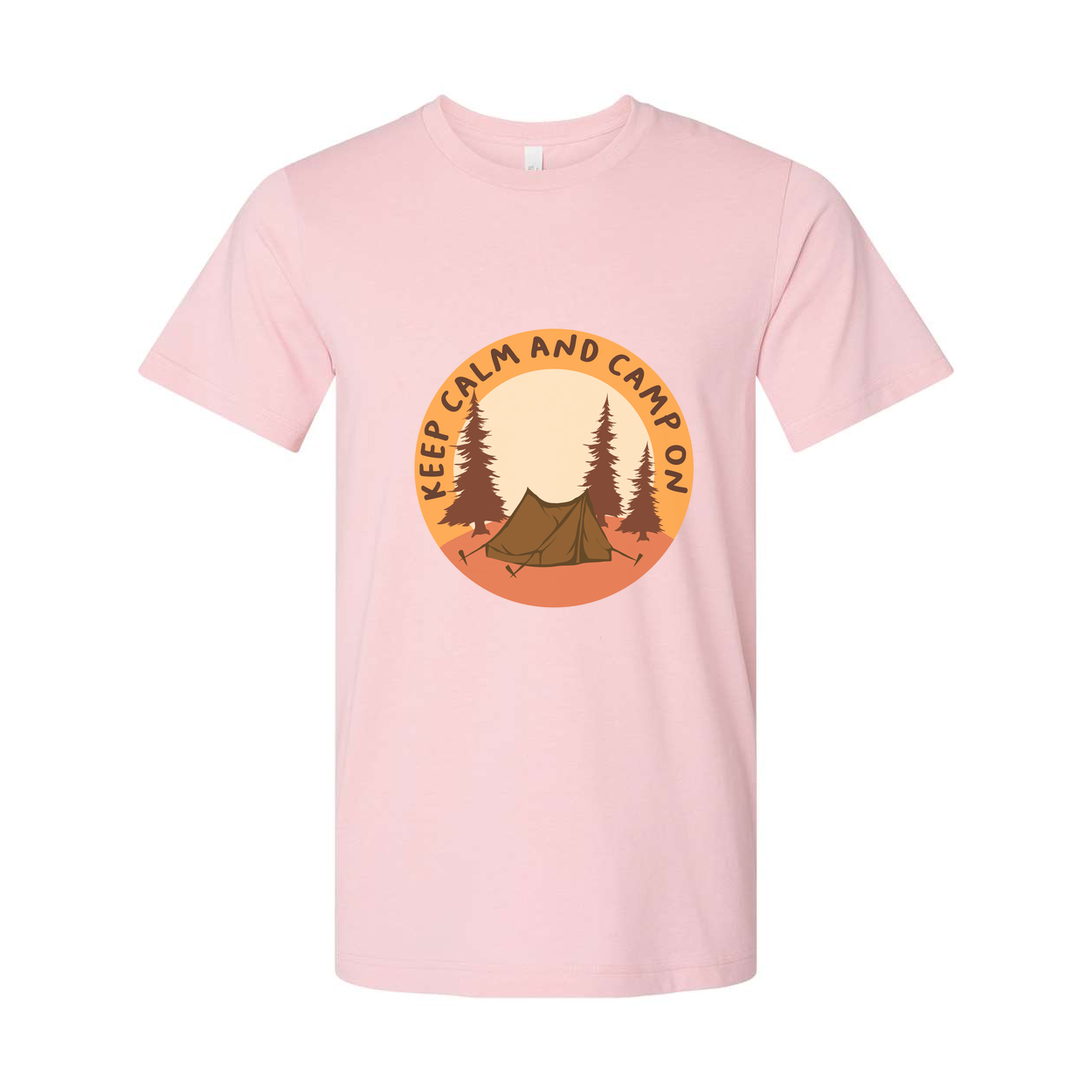 Unisex Outdoor Camping T Shirt With Tent and Pine Forest Circular Emblem in Orange