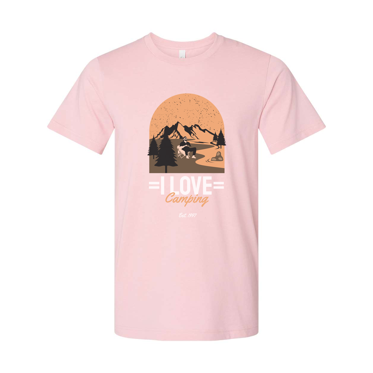 I Love Camping Graphic Unisex Tee With Mountain Range Forest And Sunset Arc For Hikers And Campers