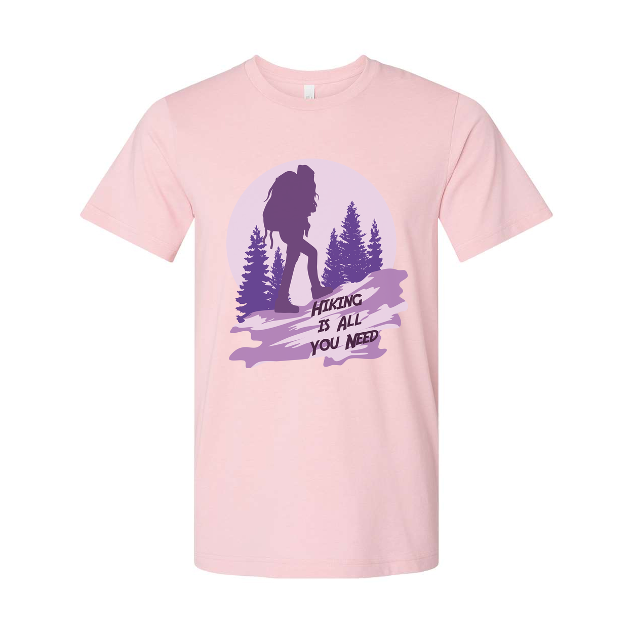 Unisex Hiking Graphic T Shirt With Silhouette Backpacker And Forest Design In Sunset Purple