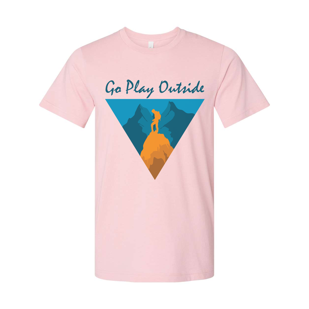Go Play Outside Graphic T Shirt With Mountain Summit Silhouette Inside a Geometric Triangle Banner