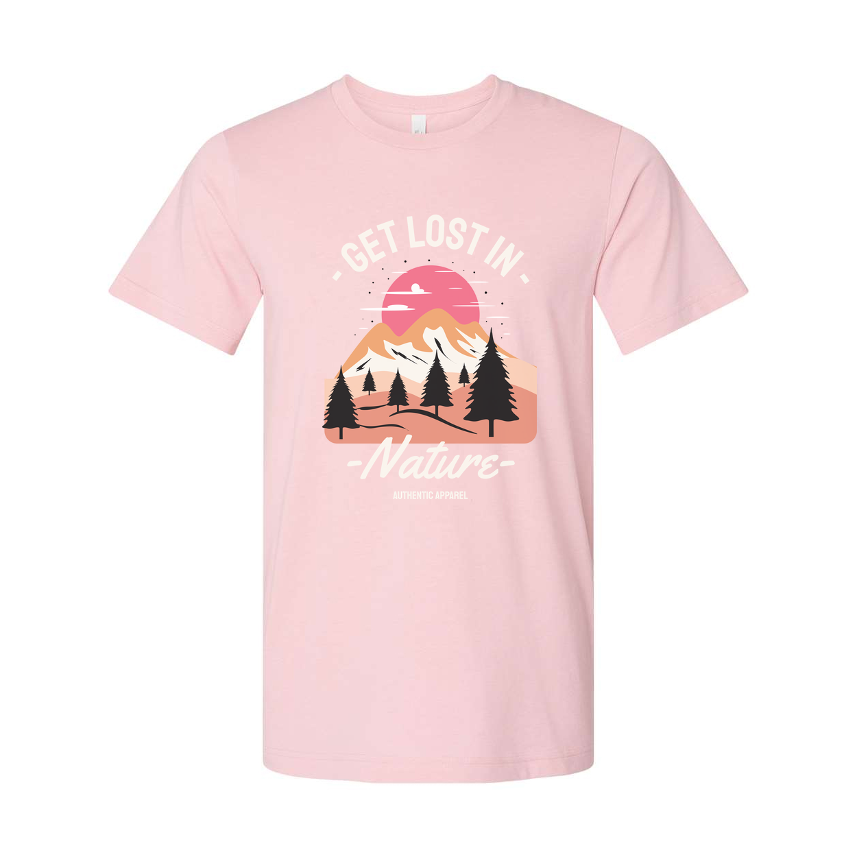 Get Lost In Nature Graphic T Shirt Featuring Sunset Mountain Range And Pine Trees