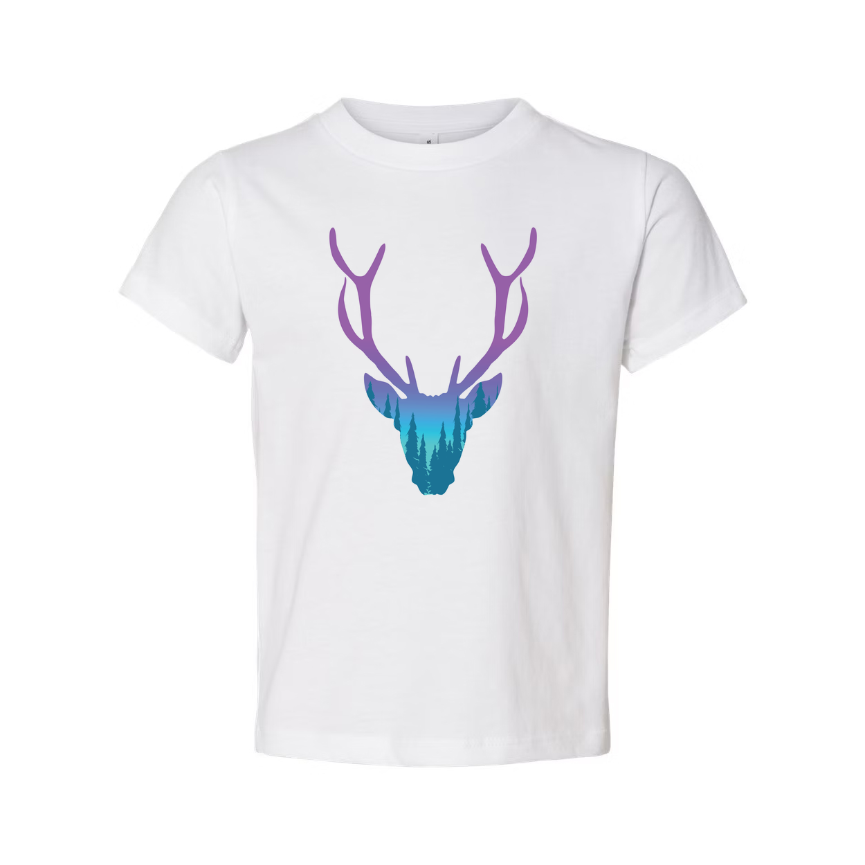 Unisex Graphic T Shirt With Purple To Teal Gradient Deer Head And Forest Landscape Antler Design