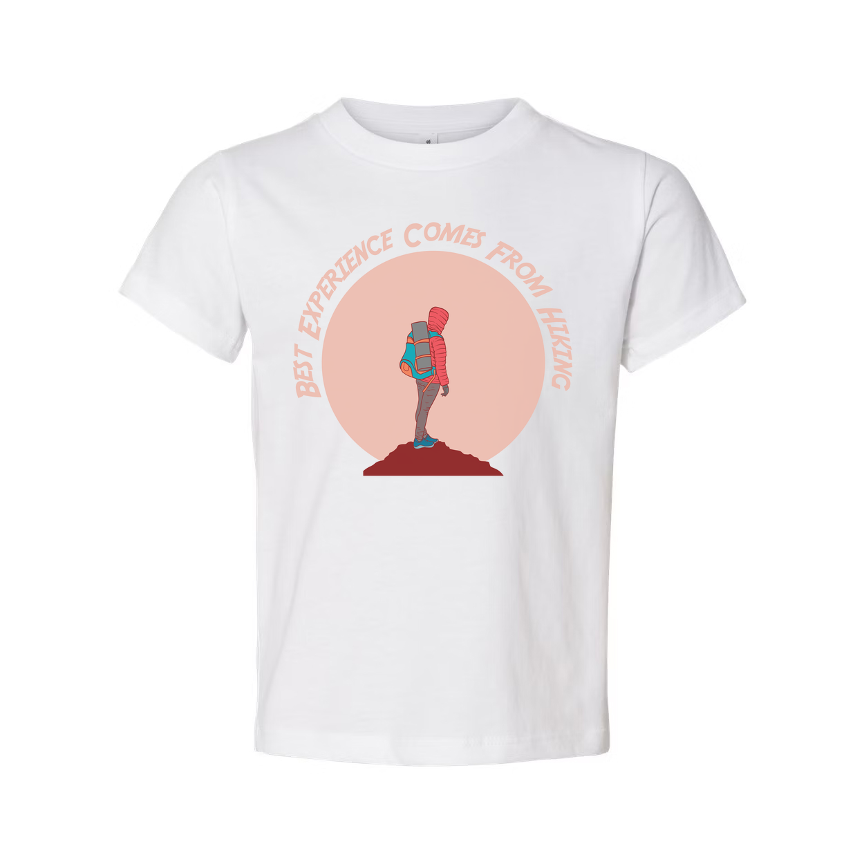 Outdoor Hiking Themed Unisex T Shirt With Adventurer Silhouette And Peach Circle Backdrop