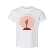 Outdoor Hiking Themed Unisex T Shirt With Adventurer Silhouette And Peach Circle Backdrop