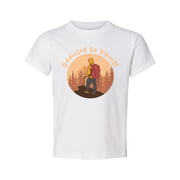 Unisex Addicted To Hiking Graphic Tee Featuring Hiker With Backpack In Sunset Circle Design