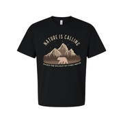 Unisex Outdoor Adventure T Shirt With Mountain Range Bear Graphic And Nature Is Calling
