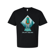 Unisex Hiking Graphic Tee With Backpacker Silhouette Inside Diamond Mountain Forest Scene