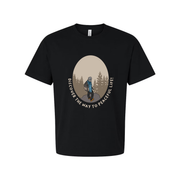 Unisex Outdoor Hiking Graphic T Shirt With Forest Circular Design And Peaceful Life Text