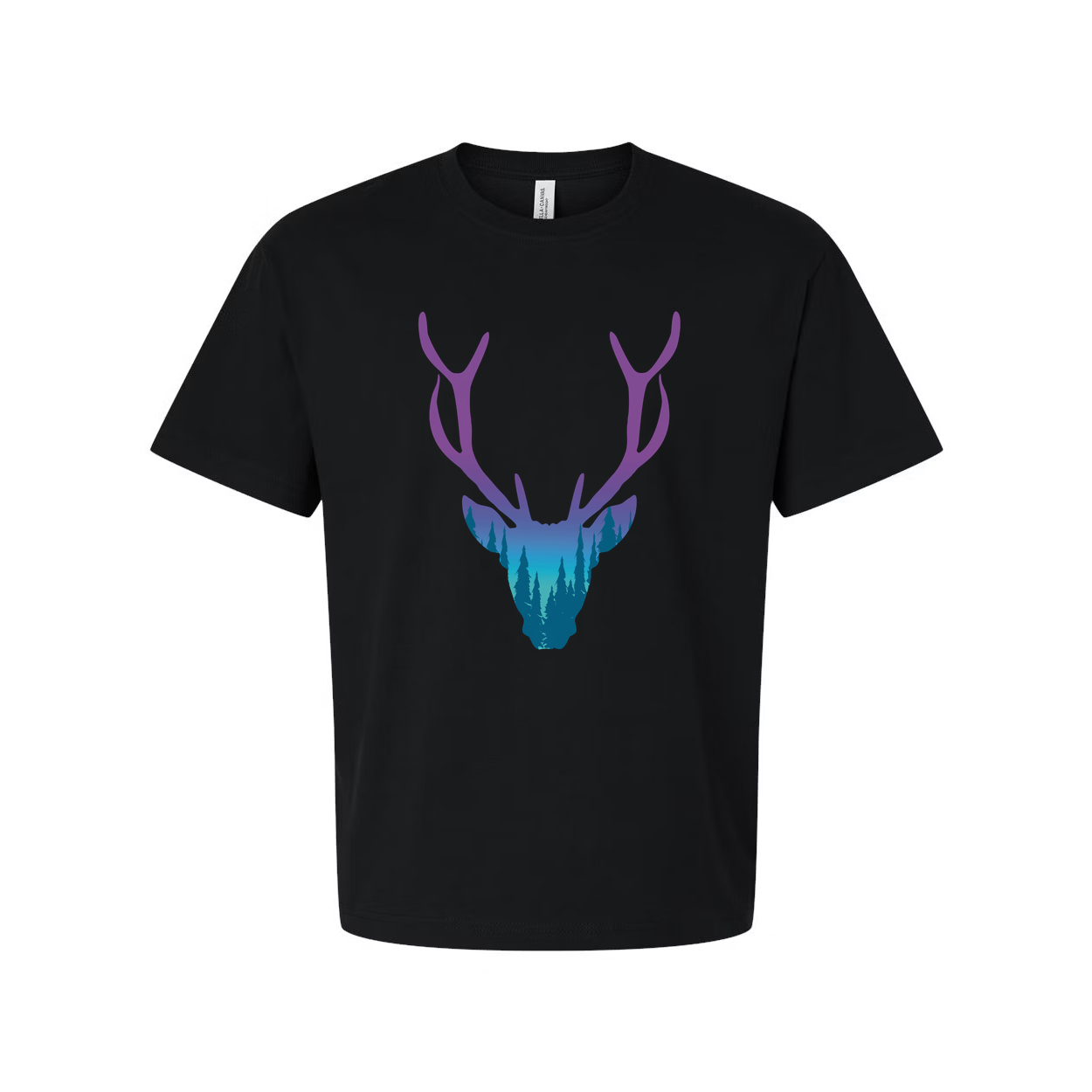 Unisex Graphic T Shirt With Purple To Teal Gradient Deer Head And Forest Landscape Antler Design
