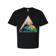 Unisex Outdoor Camping Graphic Tee With Tent And Pine Forest Scene For Hiking Trips