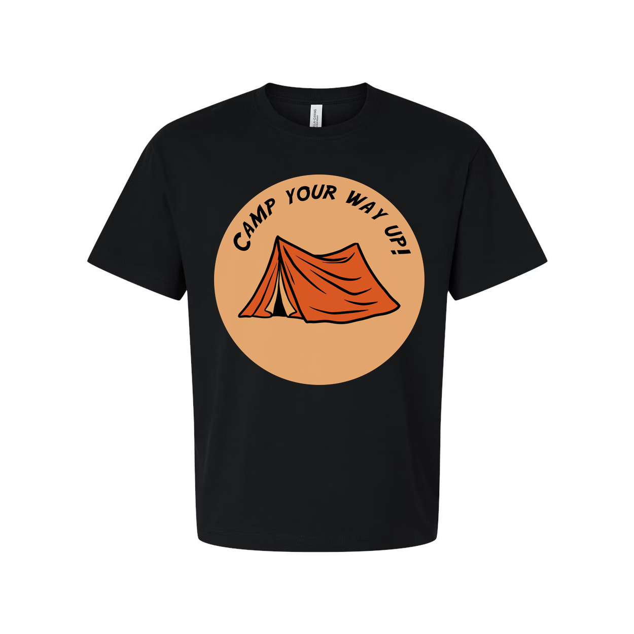 Unisex Outdoor Camping Tee With Circular Orange Tent Graphic and Adventure Theme