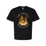 Outdoor Camping Themed Unisex T Shirt With Tent And Pine Forest Illustration For Adventure Lovers