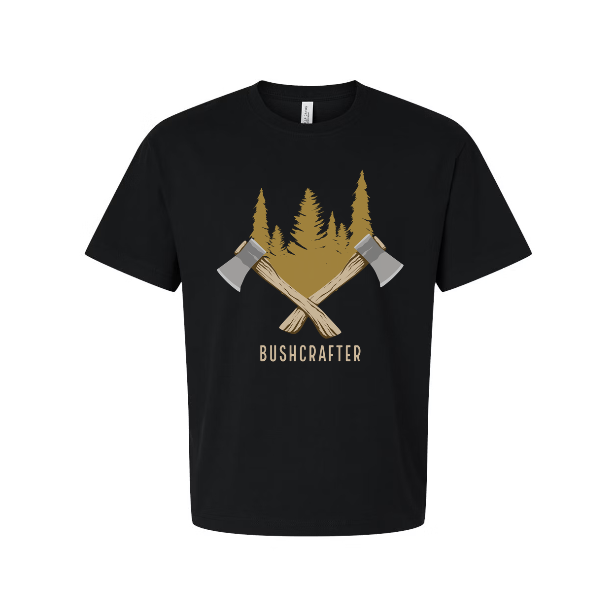 Unisex Bushcrafter Graphic T Shirt With Crossed Axes And Forest Scene Artwork For Outdoors