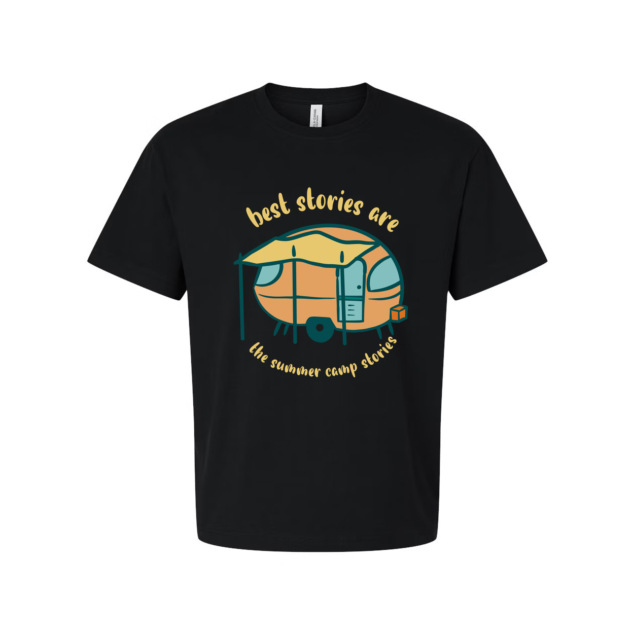 Unisex Camping Themed T Shirt With Vintage Camper Trailer Illustration And Summer Camp Memories