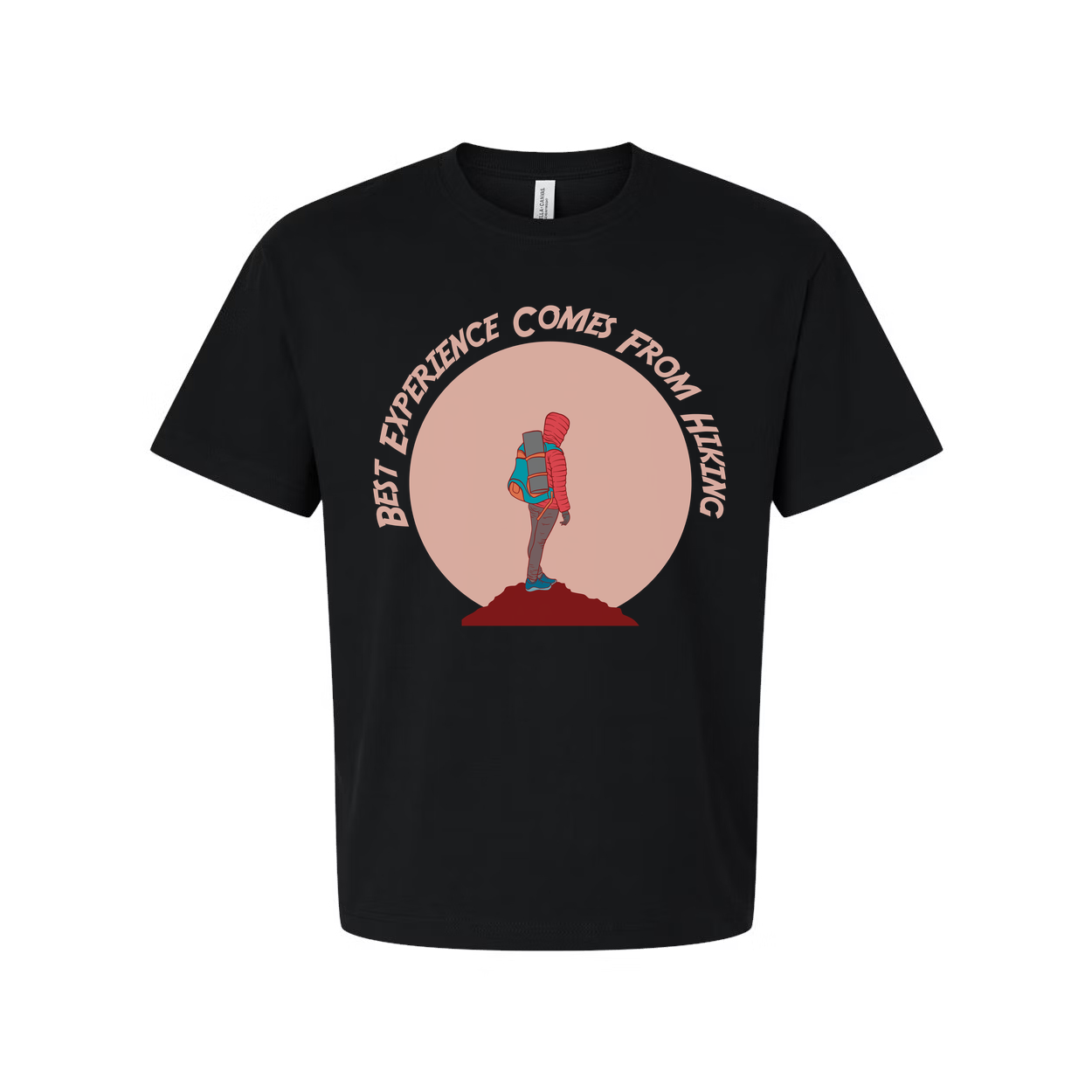 Outdoor Hiking Themed Unisex T Shirt With Adventurer Silhouette And Peach Circle Backdrop