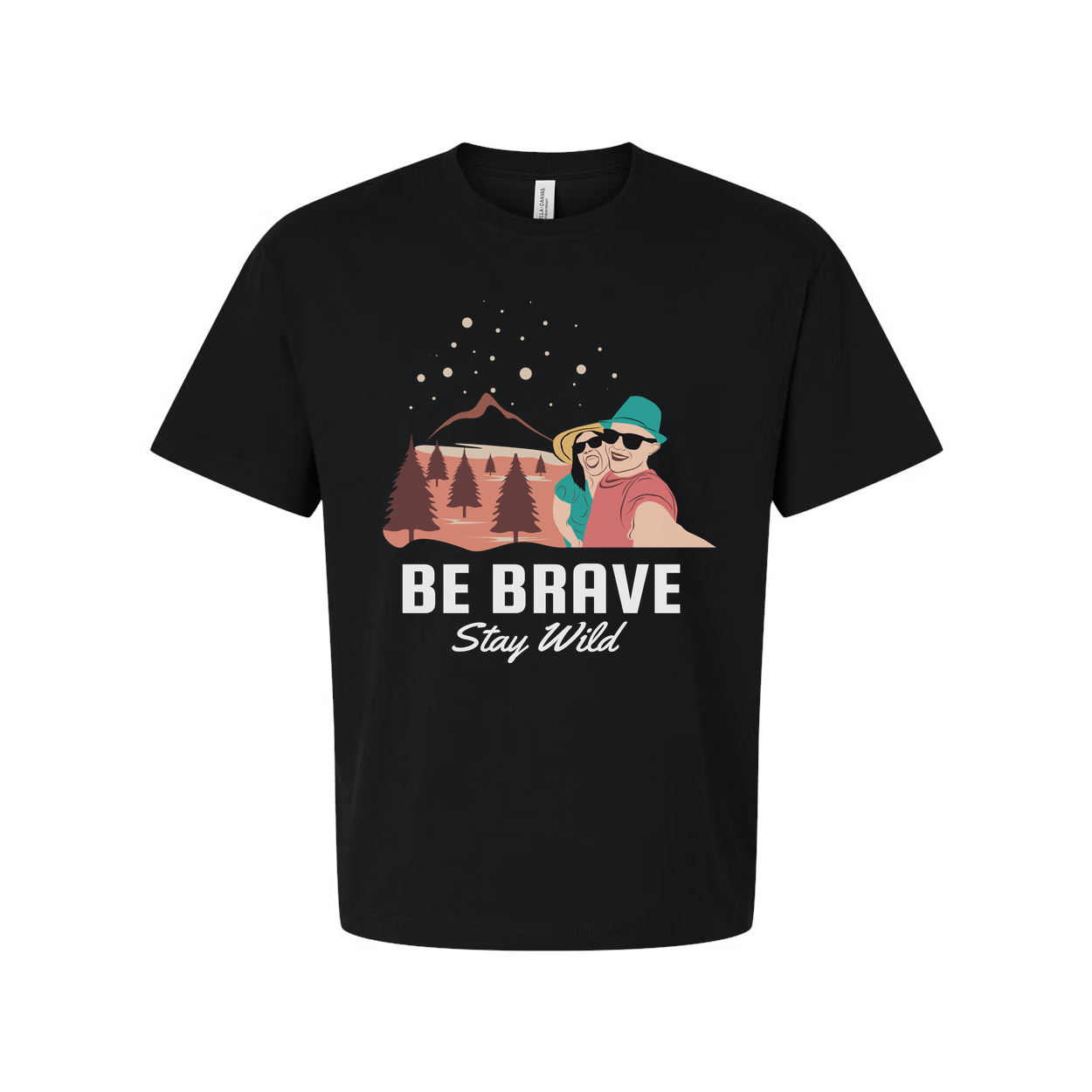 Be Brave Stay Wild Outdoor Couple Graphic Tee With Mountain Range And Pine Trees