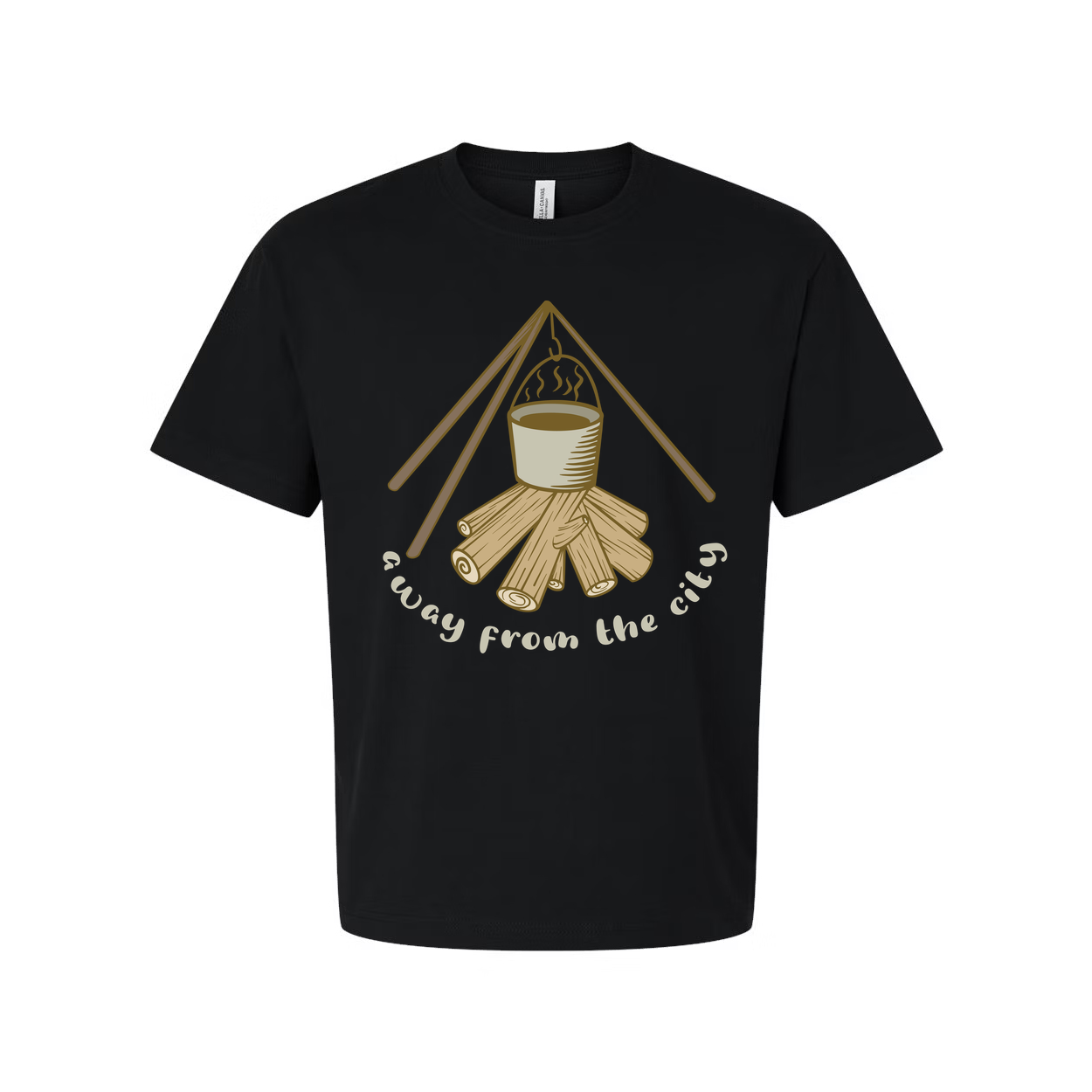 Unisex Campfire Scene Graphic Tee With Hanging Pot And Log Woodpile For Outdoor Enthusiasts