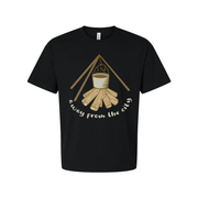 Unisex Campfire Scene Graphic Tee With Hanging Pot And Log Woodpile For Outdoor Enthusiasts
