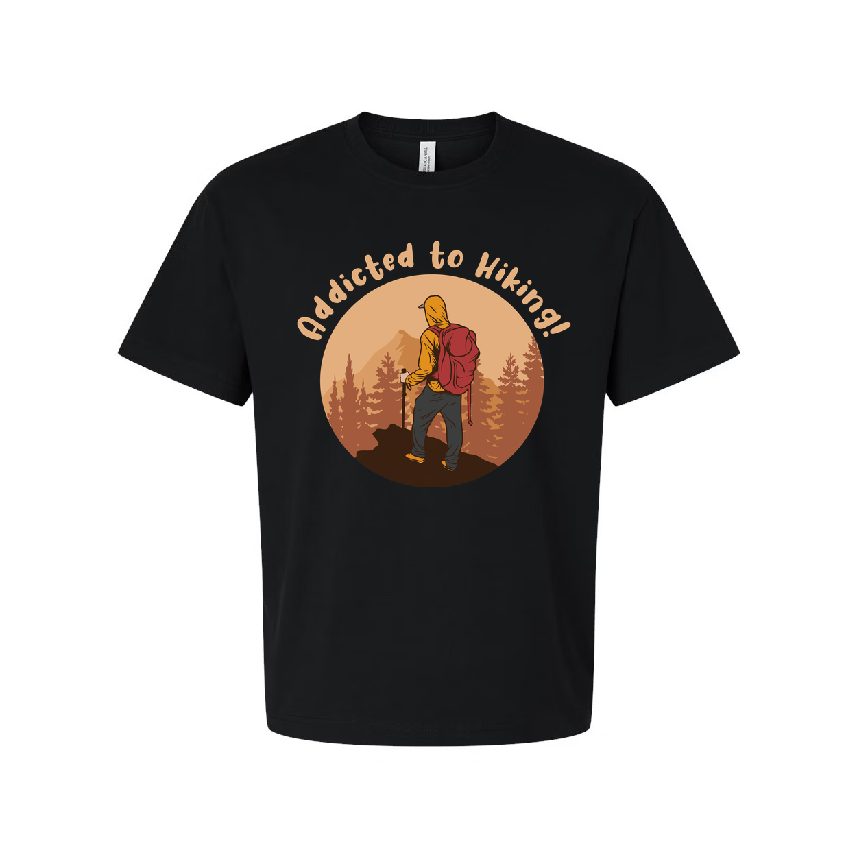 Unisex Addicted To Hiking Graphic Tee Featuring Hiker With Backpack In Sunset Circle Design