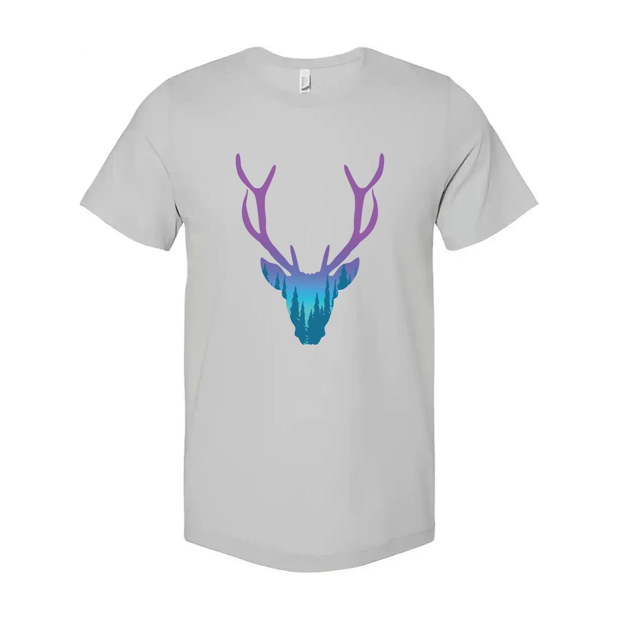 Unisex Graphic T Shirt With Purple To Teal Gradient Deer Head And Forest Landscape Antler Design