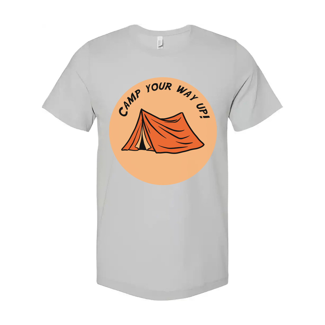 Unisex Outdoor Camping Tee With Circular Orange Tent Graphic and Adventure Theme