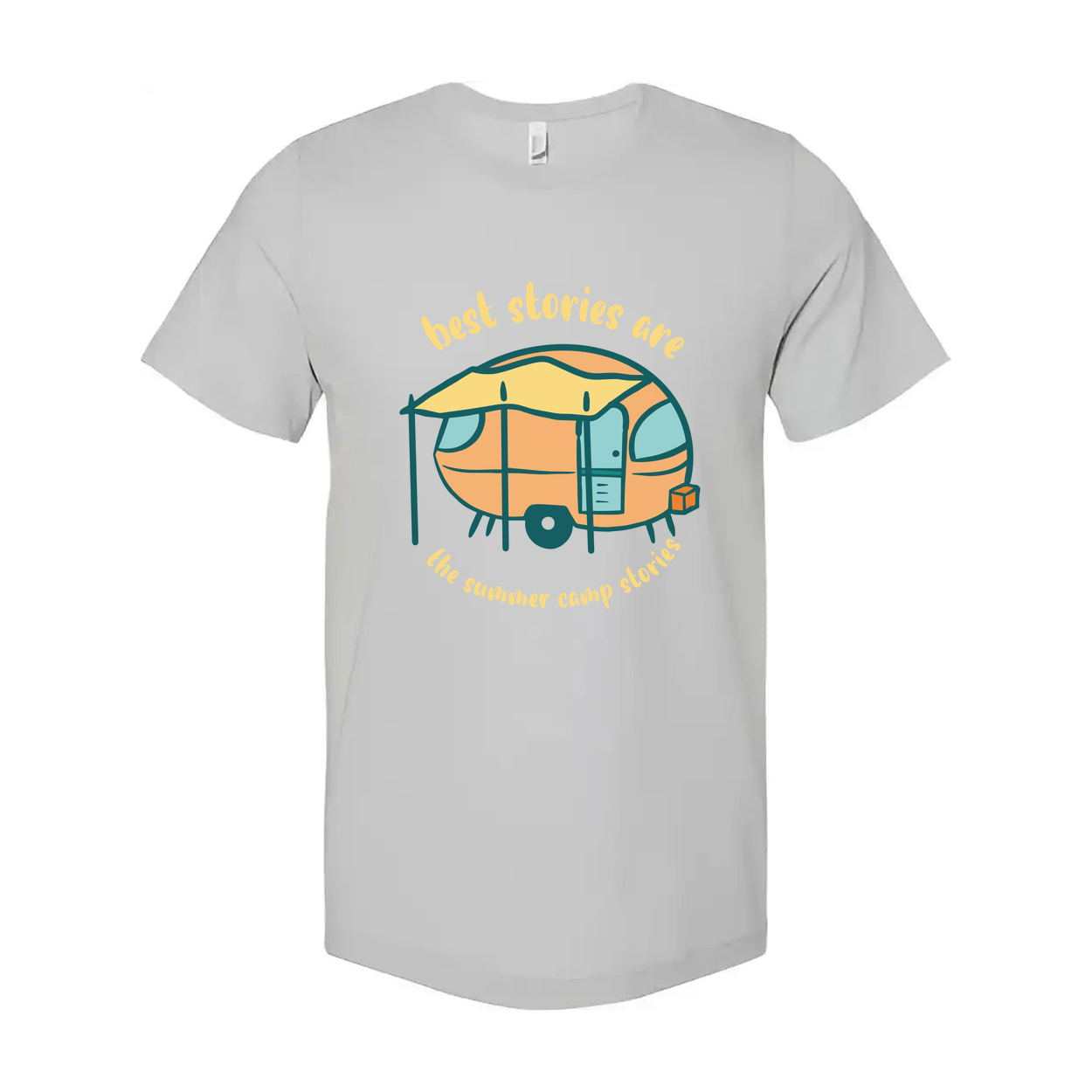 Unisex Camping Themed T Shirt With Vintage Camper Trailer Illustration And Summer Camp Memories