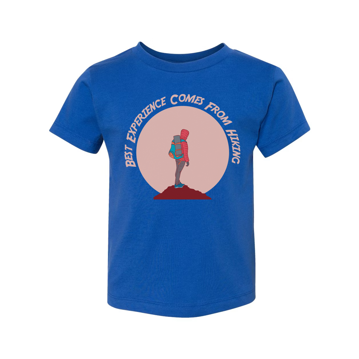 Outdoor Hiking Themed Unisex T Shirt With Adventurer Silhouette And Peach Circle Backdrop