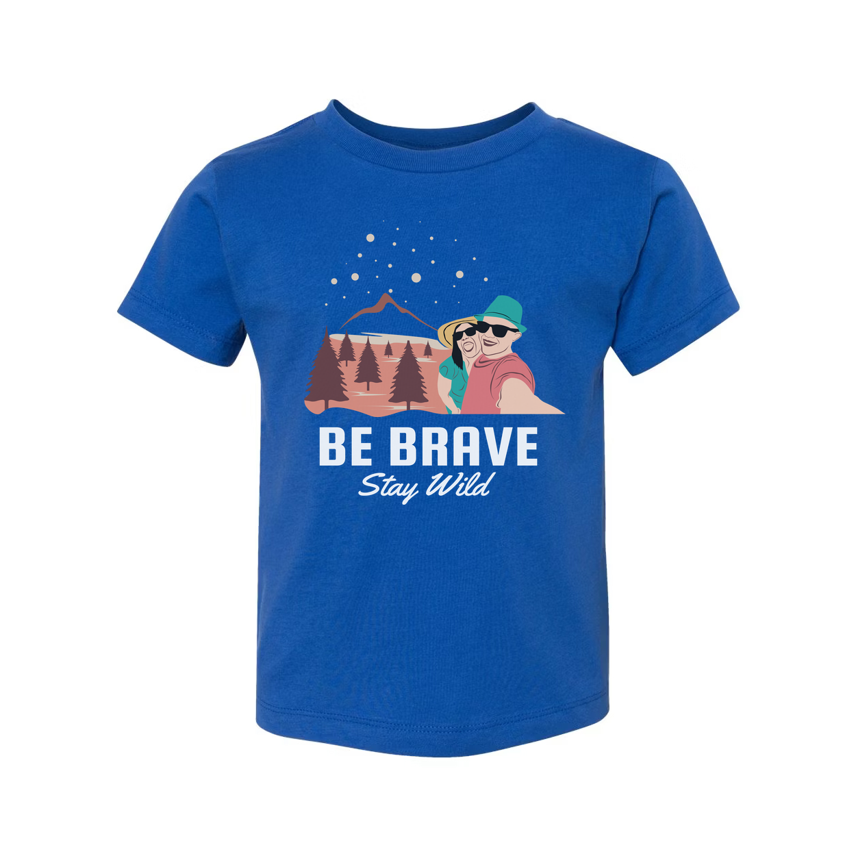 Be Brave Stay Wild Outdoor Couple Graphic Tee With Mountain Range And Pine Trees