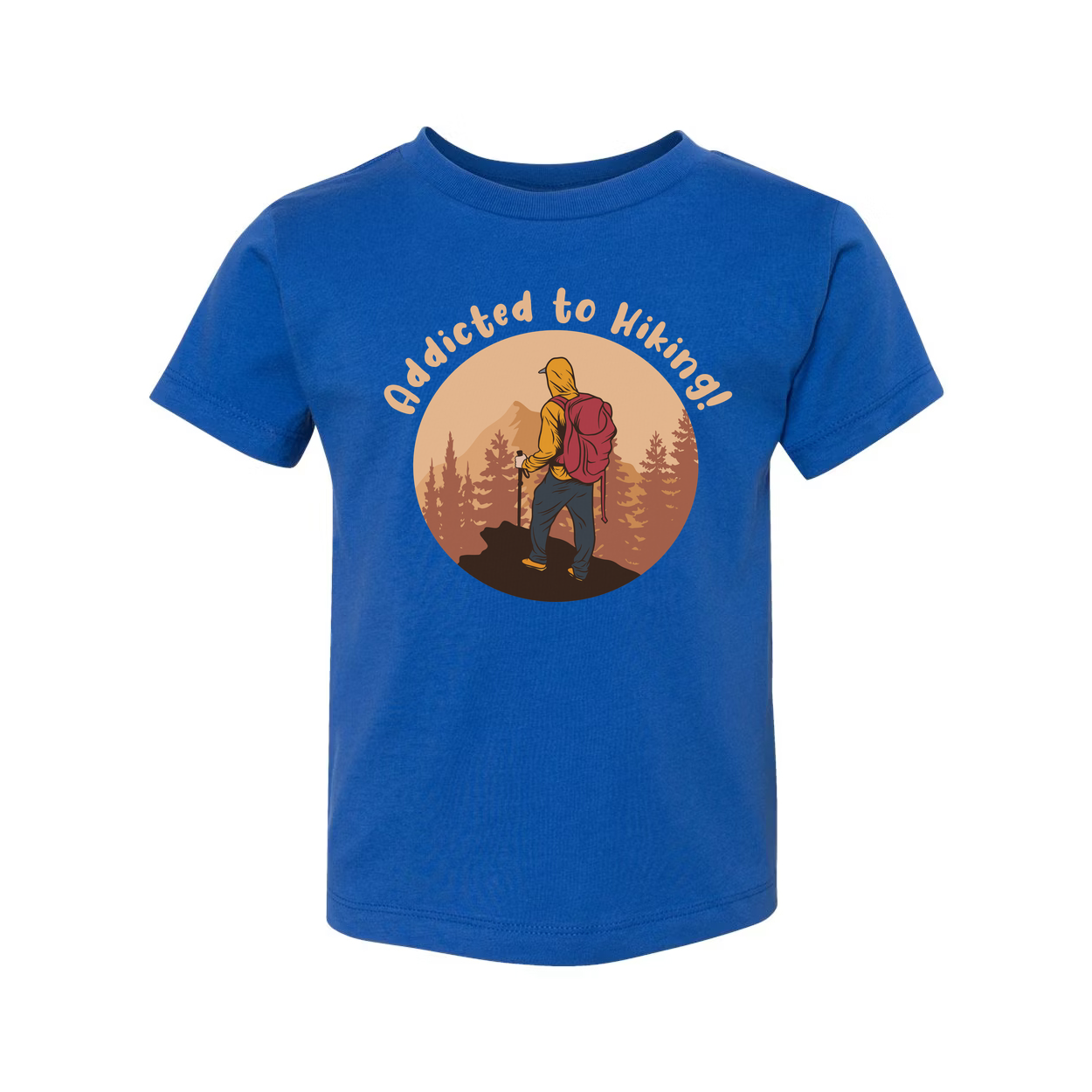 Unisex Addicted To Hiking Graphic Tee Featuring Hiker With Backpack In Sunset Circle Design
