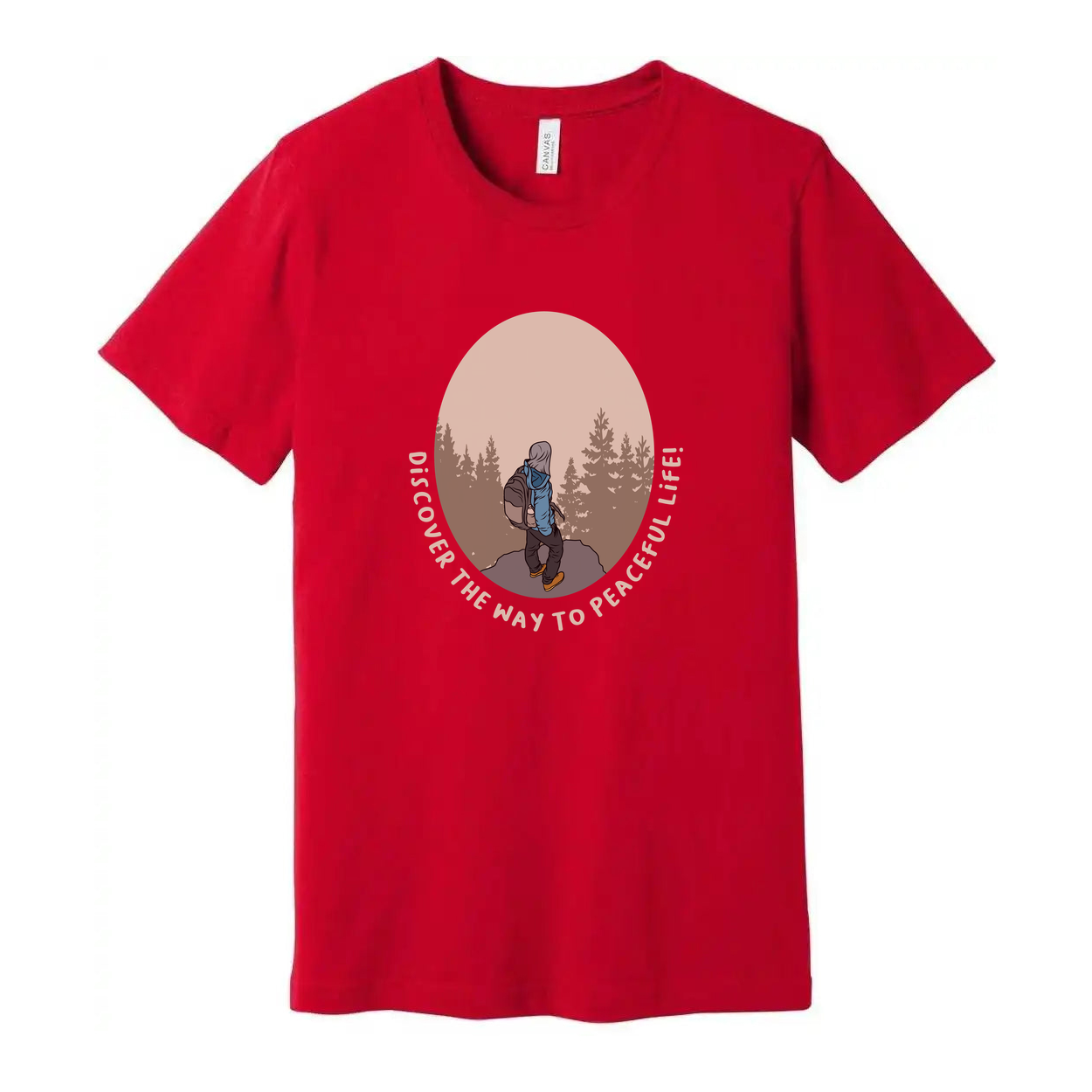 Unisex Outdoor Hiking Graphic T Shirt With Forest Circular Design And Peaceful Life Text