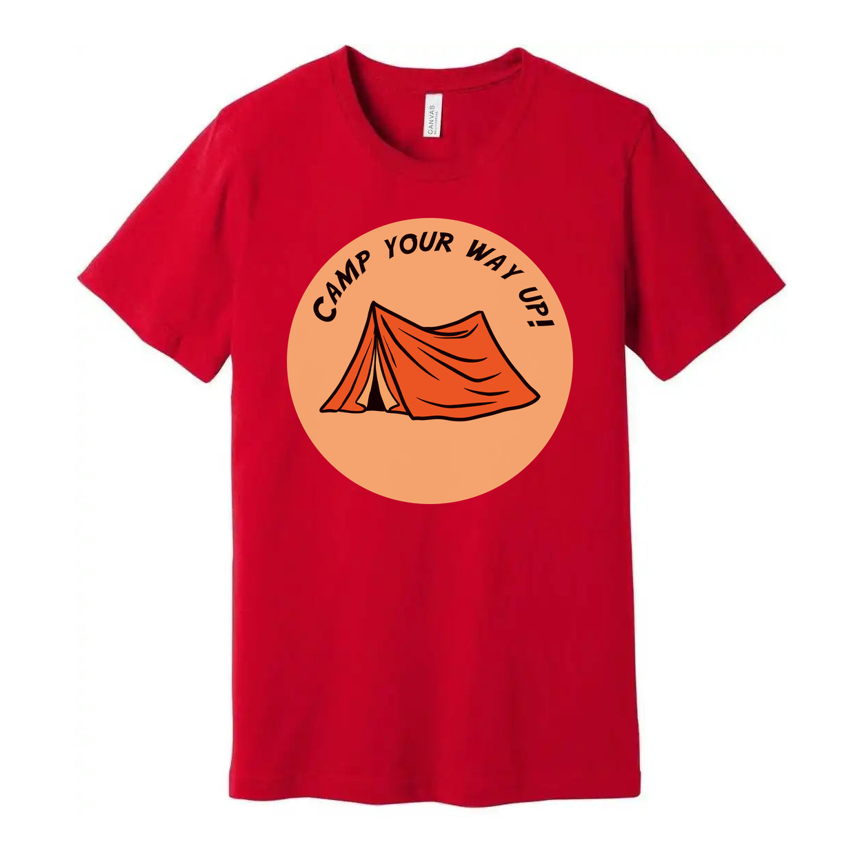 Unisex Outdoor Camping Tee With Circular Orange Tent Graphic and Adventure Theme