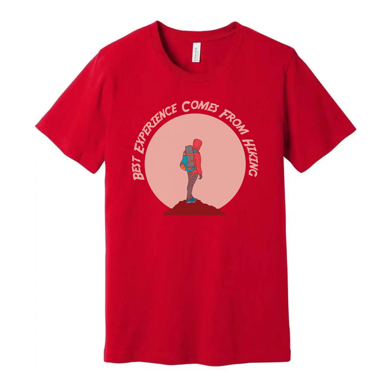 Outdoor Hiking Themed Unisex T Shirt With Adventurer Silhouette And Peach Circle Backdrop