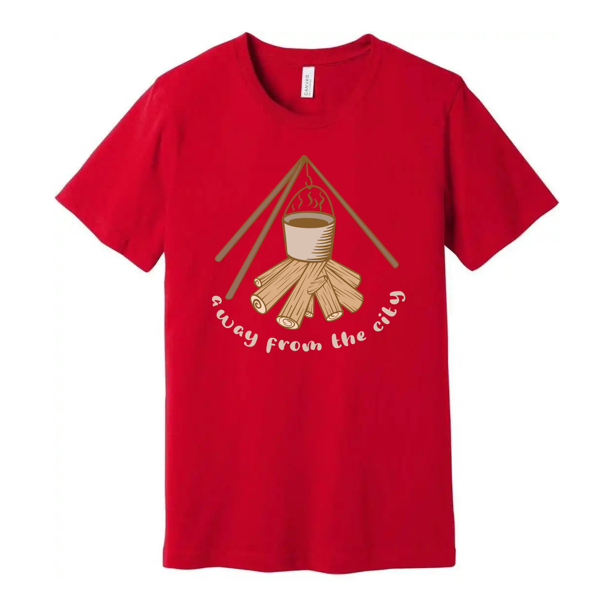 Unisex Campfire Scene Graphic Tee With Hanging Pot And Log Woodpile For Outdoor Enthusiasts