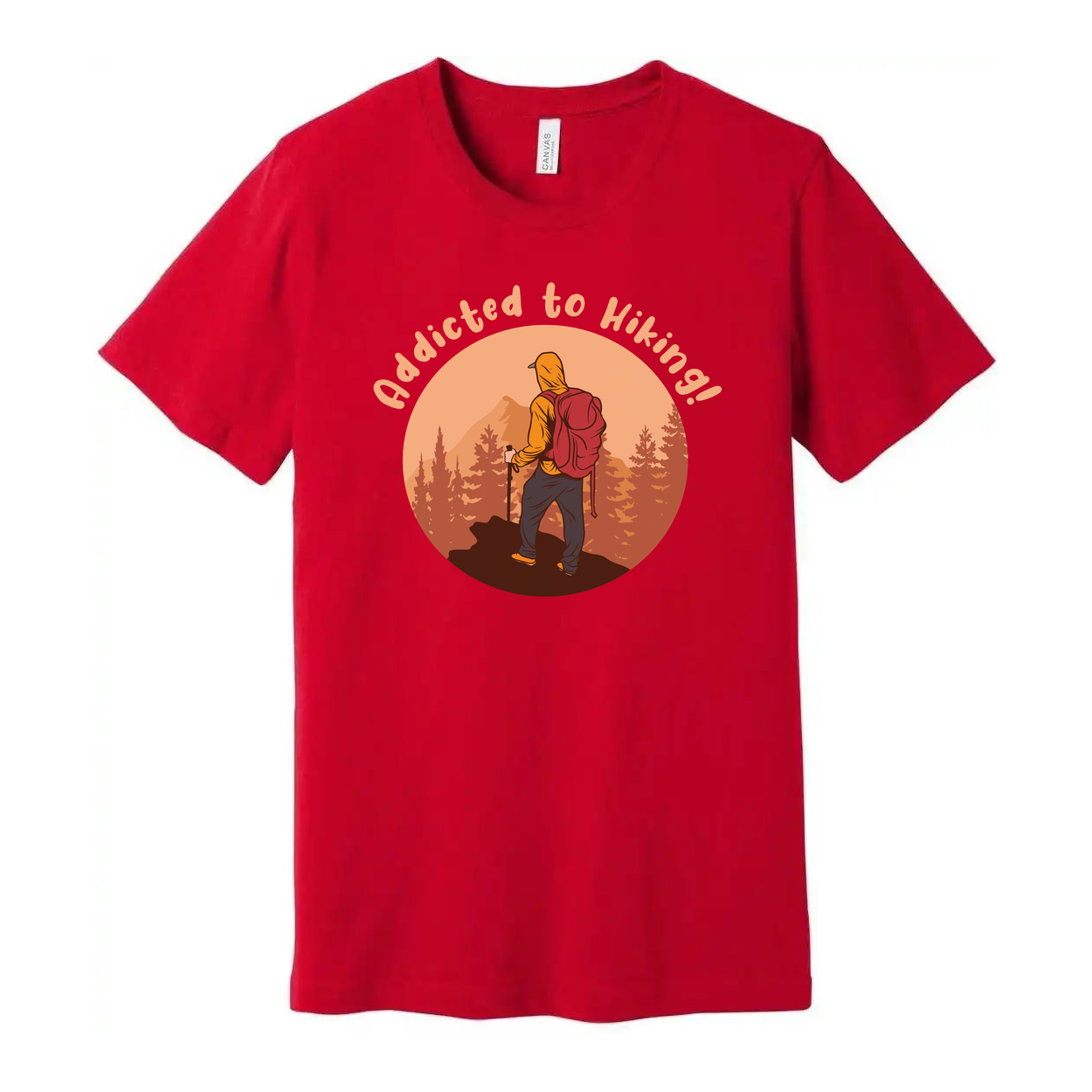 Unisex Addicted To Hiking Graphic Tee Featuring Hiker With Backpack In Sunset Circle Design