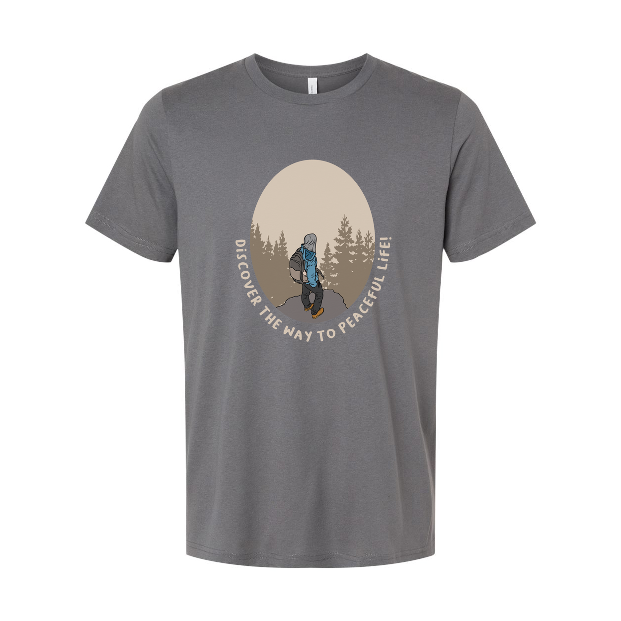 Unisex Outdoor Hiking Graphic T Shirt With Forest Circular Design And Peaceful Life Text