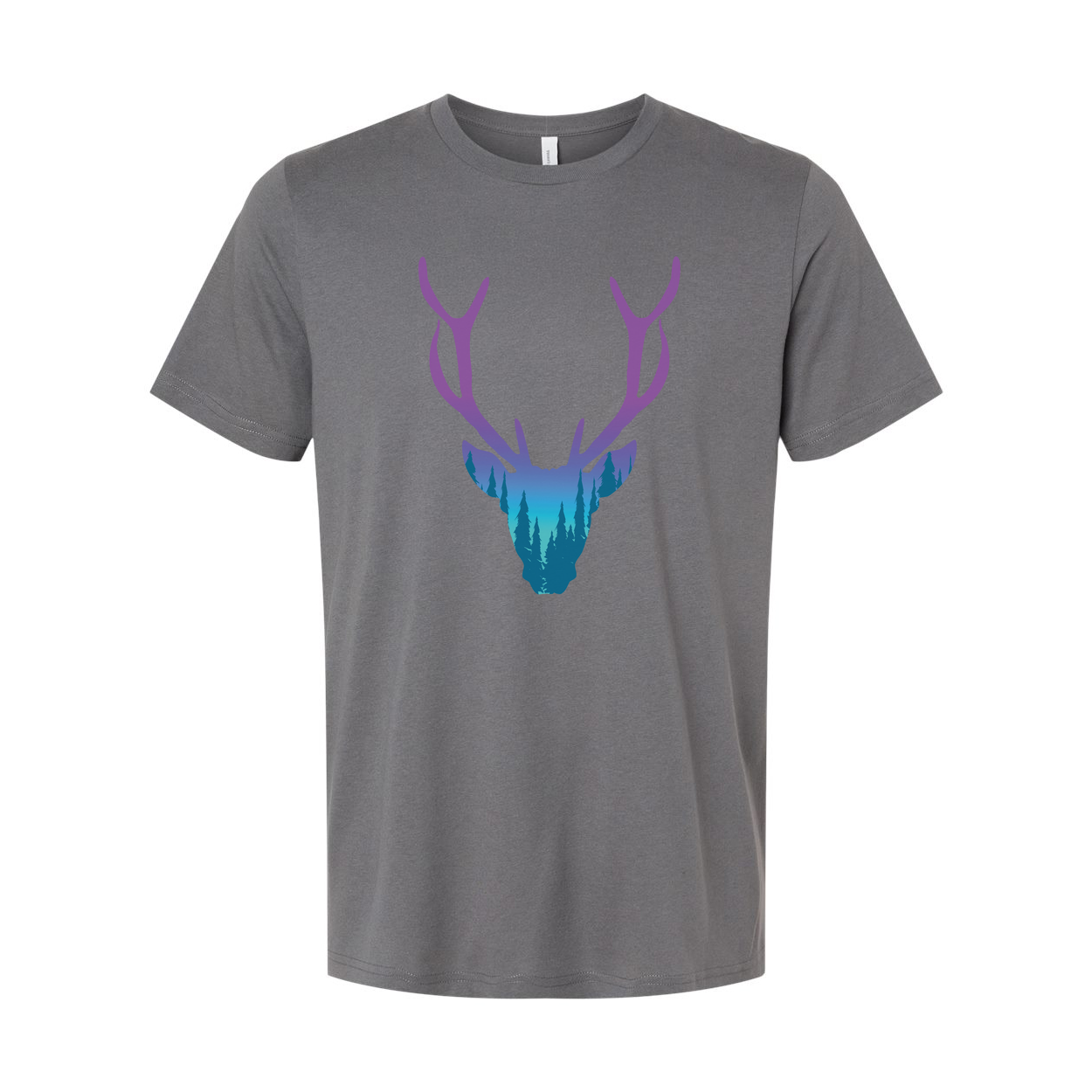 Unisex Graphic T Shirt With Purple To Teal Gradient Deer Head And Forest Landscape Antler Design