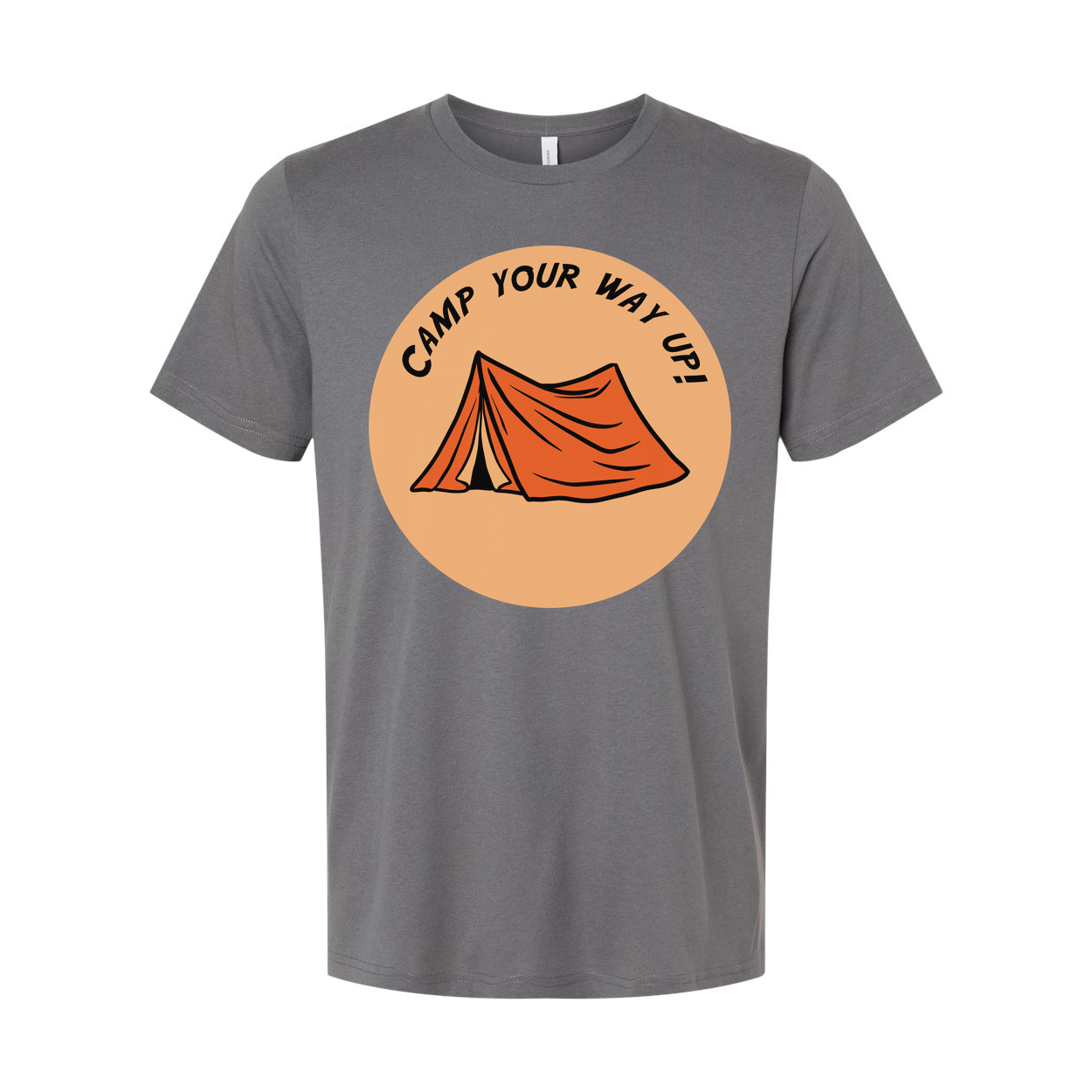 Unisex Outdoor Camping Tee With Circular Orange Tent Graphic and Adventure Theme