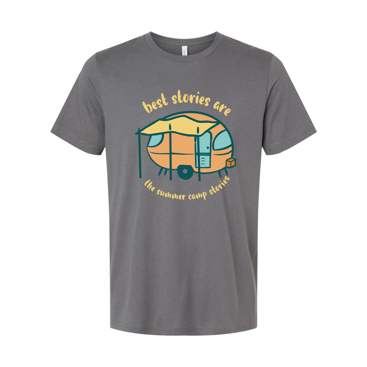 Unisex Camping Themed T Shirt With Vintage Camper Trailer Illustration And Summer Camp Memories