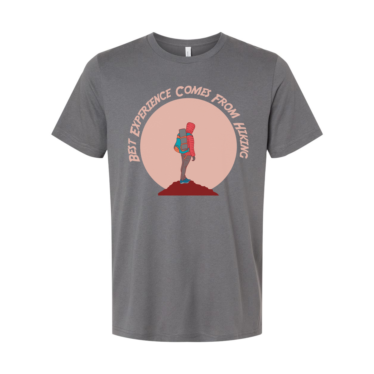Outdoor Hiking Themed Unisex T Shirt With Adventurer Silhouette And Peach Circle Backdrop