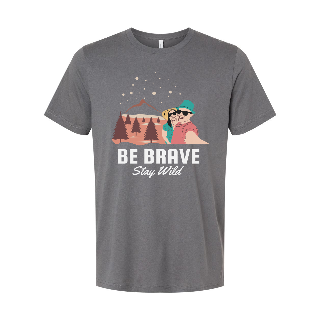 Be Brave Stay Wild Outdoor Couple Graphic Tee With Mountain Range And Pine Trees