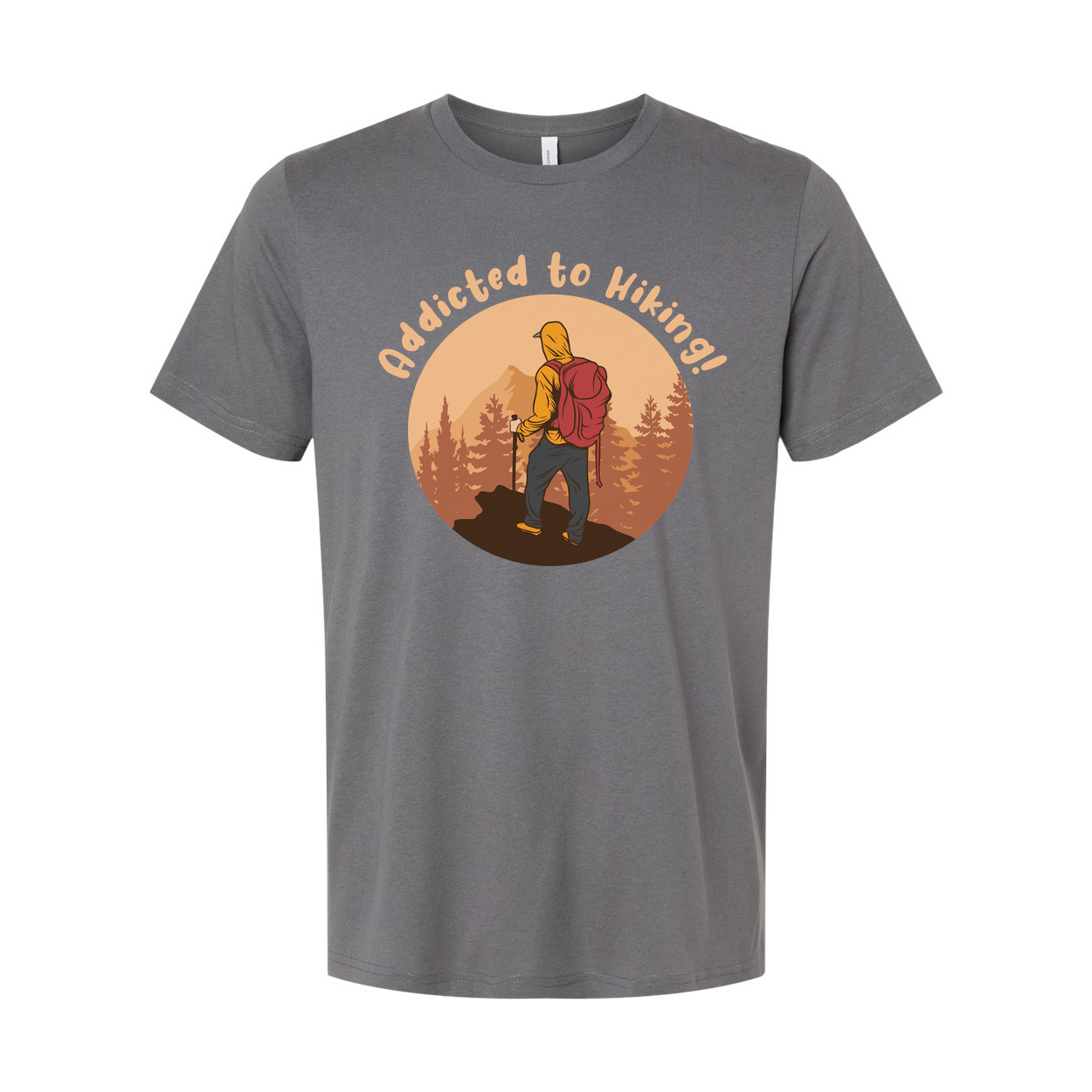 Unisex Addicted To Hiking Graphic Tee Featuring Hiker With Backpack In Sunset Circle Design