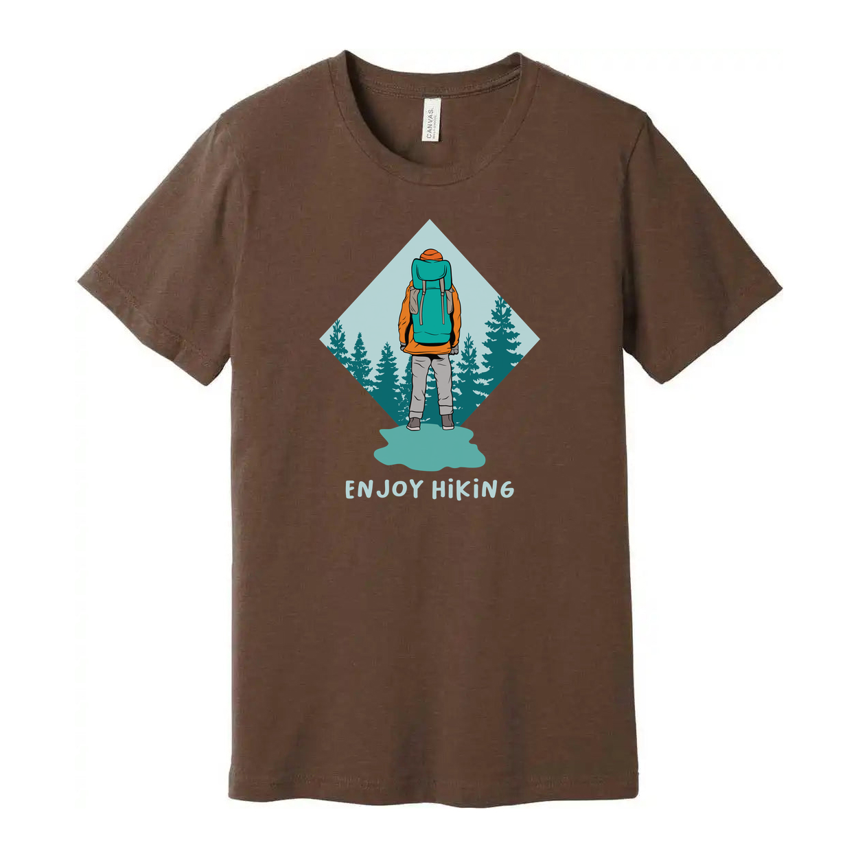 Unisex Hiking Graphic Tee With Backpacker Silhouette Inside Diamond Mountain Forest Scene