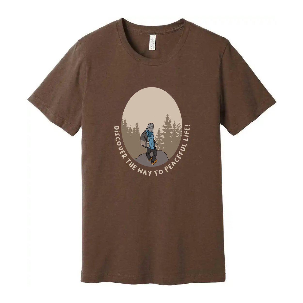 Unisex Outdoor Hiking Graphic T Shirt With Forest Circular Design And Peaceful Life Text